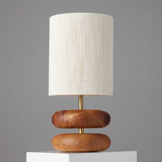 River Rock Camphor Wood Lamp - Turned Reclaimed Table Lamp, Hand-strung Shade - image 1