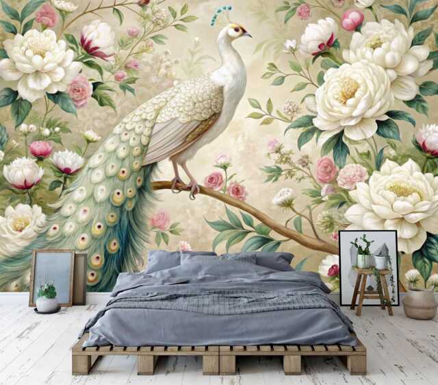 White Peacock Wallpaper Mural, Floral Garland, Peel & Stick Decal - image 1