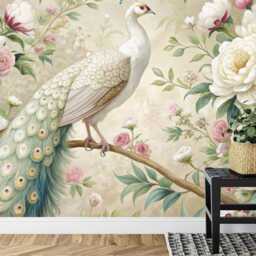 White Peacock Wallpaper Mural, Floral Garland, Peel & Stick Decal - thumbnail 3