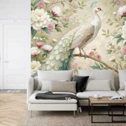 White Peacock Wallpaper Mural, Floral Garland, Peel & Stick Decal - thumbnail 2