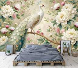White Peacock Wallpaper Mural, Floral Garland, Peel & Stick Decal - thumbnail 1