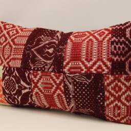 Turkish Textile Patchwork Pillow Cover, Wool Lumbar Cushion - 12x20 In - thumbnail 3