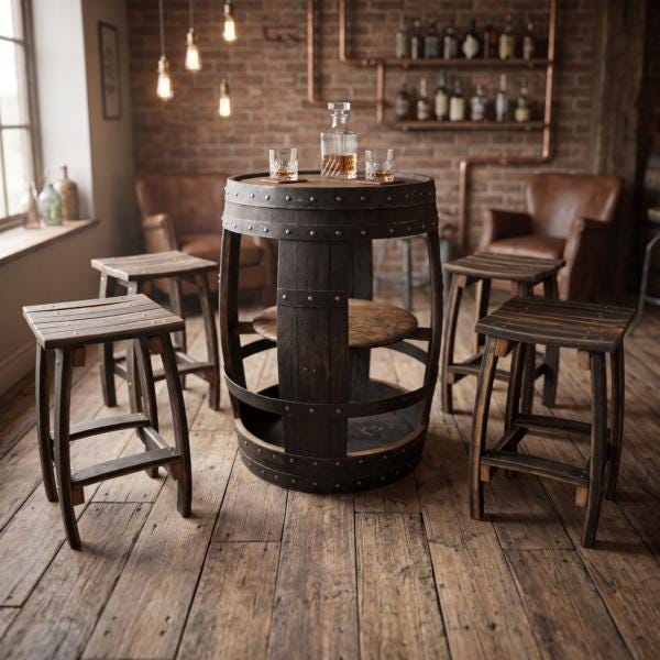 Whiskey Barrel Bar Table With Shelves & 4 Stools - Oak Home Set - image 1
