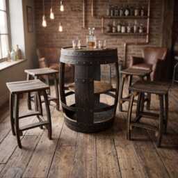 Whiskey Barrel Bar Table With Shelves & 4 Stools - Oak Home Set - thumbnail 1