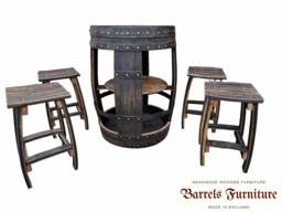 Whiskey Barrel Bar Table With Shelves & 4 Stools - Oak Home Set