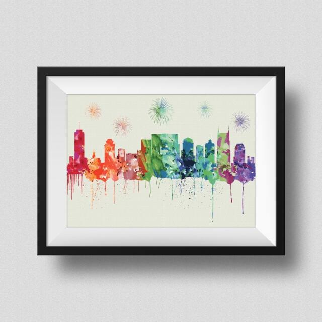 Nashville Skyline Rainbow Watercolor Map Art Print Tennessee With Firework Ink Splash Poster Canvas