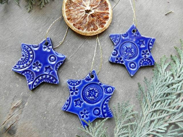 Christmas Ceramic Ornaments, Blue Star Lace Pottery Gift, X-Mas Home Decoration 3 Country Holiday House Decor - image 1
