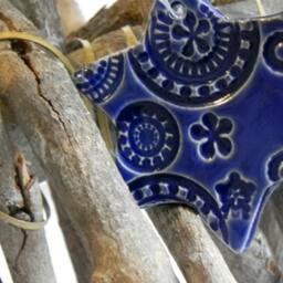 Christmas Ceramic Ornaments, Blue Star Lace Pottery Gift, X-Mas Home Decoration 3 Country Holiday House Decor - thumbnail 2