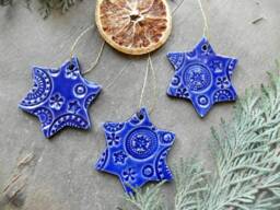Christmas Ceramic Ornaments, Blue Star Lace Pottery Gift, X-Mas Home Decoration 3 Country Holiday House Decor