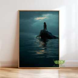 Moody Mermaid Wall Art, Dreamy Ocean Fantasy Print, Dark Coastal Sea Artwork, Mermaidcore Decor, Atmospheric Nautical Poster - thumbnail 1