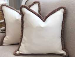 Light Cream Linen Look Fringed Cushion Cover Custom Size + Trim Colour - thumbnail 1