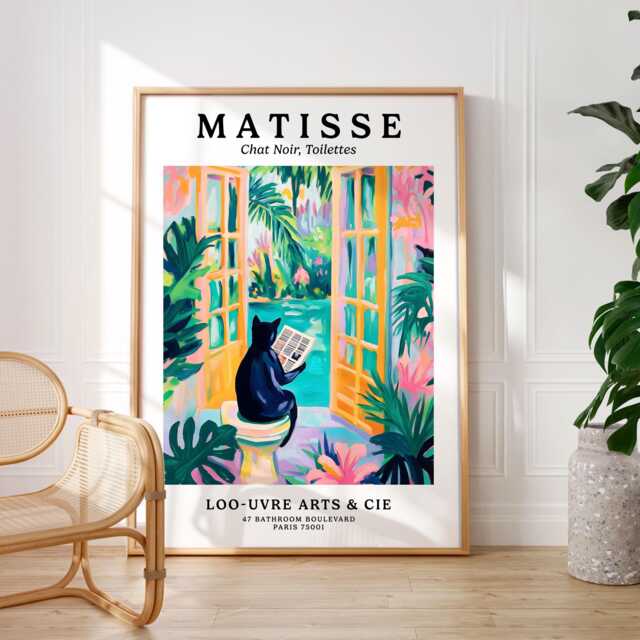 Black Cat On A Toilet Poster, Matisse Print, Funny Bathroom Wall Art, Colourful Dopamine Decor, Mid Century Modern Henri Style