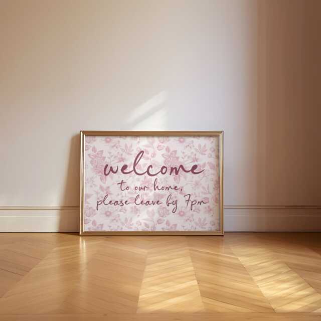 Welcome To Our Home Please Leave By 7Pm Funny Wall Art Print, Humorous Quote Poster, Mid Century Flower Hallway Entryway Art, Vintage Retro - image 1