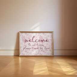 Welcome To Our Home Please Leave By 7Pm Funny Wall Art Print, Humorous Quote Poster, Mid Century Flower Hallway Entryway Art, Vintage Retro - thumbnail 1
