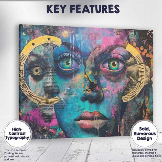 Colourful Urban Graffiti Woman Face Contemporary Abstract Portrait Canvas Wall Art Print Decor Picture Ready To Hang - image 1