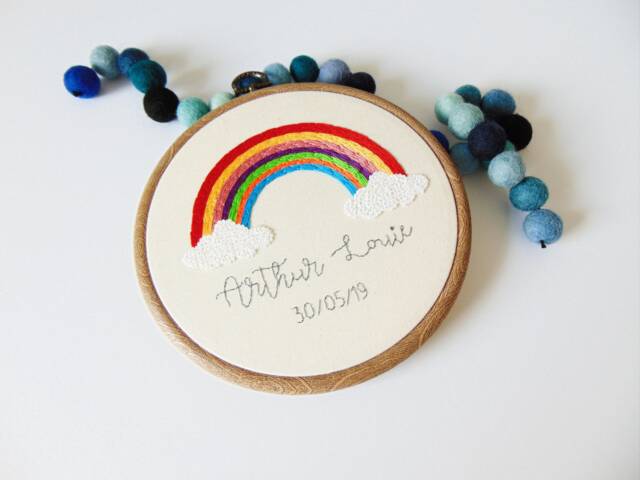 Personalised Rainbow Name Hoop, Baby Gift, Nursery Wall Art, Hand Embroidered Cloud Decor - image 1
