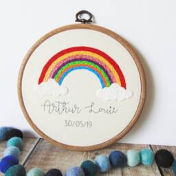 Personalised Rainbow Name Hoop, Baby Gift, Nursery Wall Art, Hand Embroidered Cloud Decor - thumbnail 2