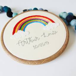 Personalised Rainbow Name Hoop, Baby Gift, Nursery Wall Art, Hand Embroidered Cloud Decor - thumbnail 3