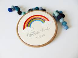 Personalised Rainbow Name Hoop, Baby Gift, Nursery Wall Art, Hand Embroidered Cloud Decor - thumbnail 1
