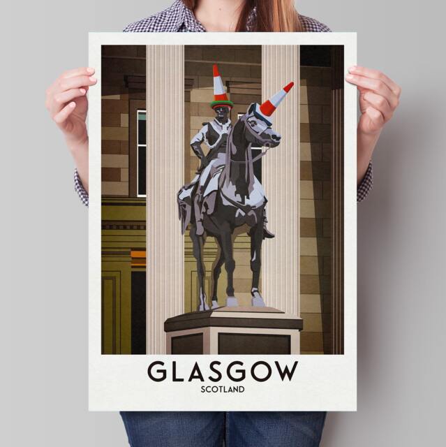Glasgow Duke Of Wellington Statue Poster - Print Scottish Wall Art Historical Landmark Traffic Cone - image 1