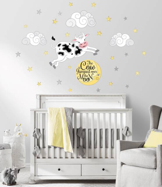 The Cow Jumped Over The Moon Classic Nursery Rhyme Repositionable Fabric Wall Decal Sticker For Nursery, Girl's Or Boy's Room, PVC Free - image 1