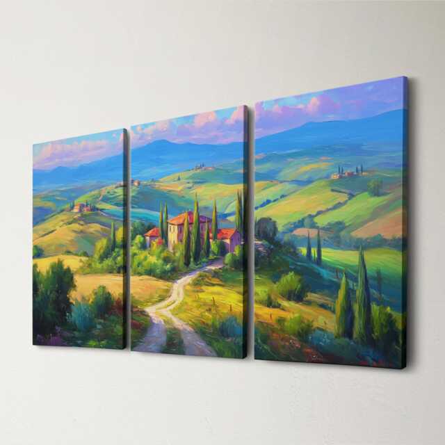 Tuscany Rolling Hills 3 Panel Split Canvas Wall Art Cypress Trees Golden Light Italian Countryside Oil Painting Framed Home Decor - image 1