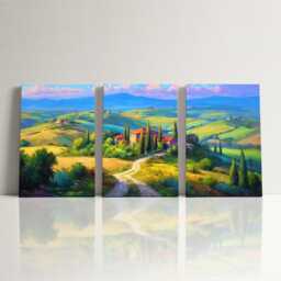 Tuscany Rolling Hills 3 Panel Split Canvas Wall Art Cypress Trees Golden Light Italian Countryside Oil Painting Framed Home Decor - thumbnail 3