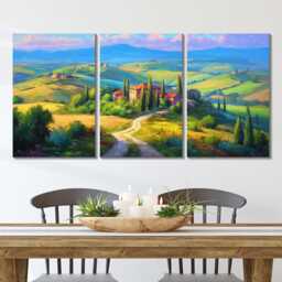 Tuscany Rolling Hills 3 Panel Split Canvas Wall Art Cypress Trees Golden Light Italian Countryside Oil Painting Framed Home Decor - thumbnail 2