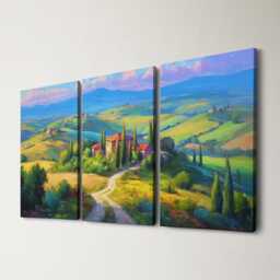 Tuscany Rolling Hills 3 Panel Split Canvas Wall Art Cypress Trees Golden Light Italian Countryside Oil Painting Framed Home Decor