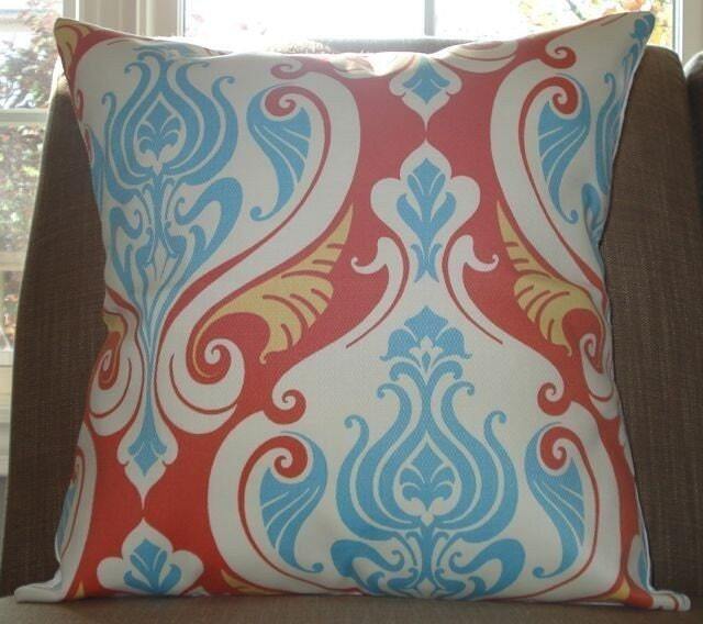 New 18x18 Inch Designer Handmade Pillow Case in Orange & Aqua Damask