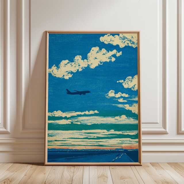 Japanese Airplane Poster - Blue Sky Cloud Illustration Minimal Aviation Wall Art - image 1