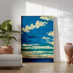 Japanese Airplane Poster - Blue Sky Cloud Illustration Minimal Aviation Wall Art - thumbnail 3