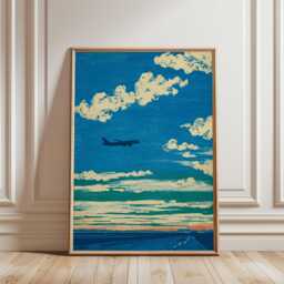 Japanese Airplane Poster - Blue Sky Cloud Illustration Minimal Aviation Wall Art - thumbnail 1