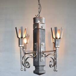 Hand Forged Gothic Chandelier Rustic Wood & Wrought Iron Pendant Light - thumbnail 3