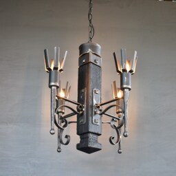Hand Forged Gothic Chandelier Rustic Wood & Wrought Iron Pendant Light - thumbnail 2