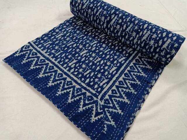 A Beautiful Decorative Indigo Print Indian Handmade Kantha Quilt, Bedspread Bedcover, Kantha Quilt Gudri Coverlet, Blanket
