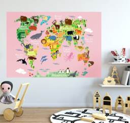 World Map Wall Decal, Sticker, Jungle Animals Themed For Girls Room, Playroom Decor Peel & Stick