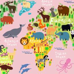 World Map Wall Decal, Sticker, Jungle Animals Themed For Girls Room, Playroom Decor Peel & Stick - thumbnail 2