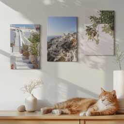 Set Of 3 Canvas Prints - White Stairs in Santorini With A View The Town, Wall Art, Travels Decor - thumbnail 2