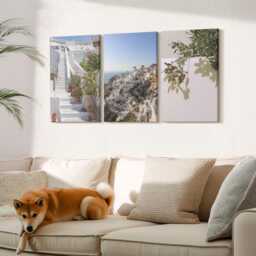 Set Of 3 Canvas Prints - White Stairs in Santorini With A View The Town, Wall Art, Travels Decor - thumbnail 3