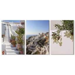 Set Of 3 Canvas Prints - White Stairs in Santorini With A View The Town, Wall Art, Travels Decor