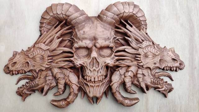 Skull & Dragons Wood Carving Fantastic Animal Wall Art Norse Rustic Nordic Celtic Heathen Home Hanging Viking Pagan Mythology - image 1