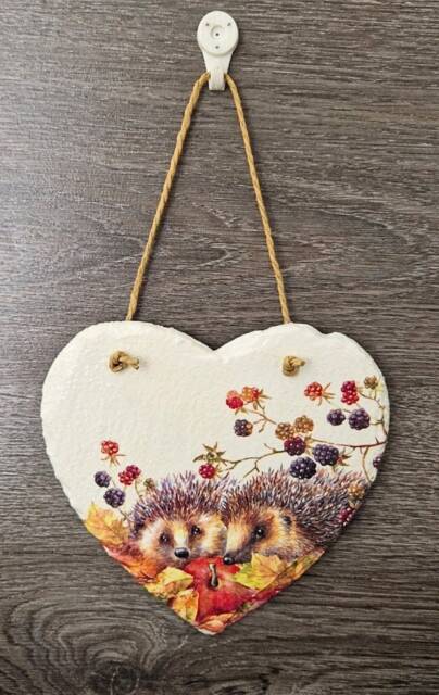 Hedgehog Autumn Slate Heart Wall Hanging Decoupaged Plaque - 15cm - image 1