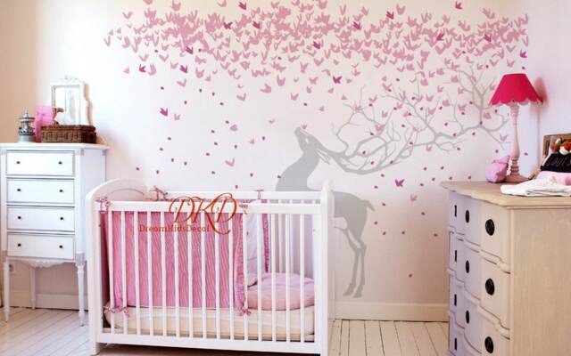 Wall Decal Nursery, Removable Kids Stickers, Home Decor, Cherry Tree Branch With Deer, Pink Floral, Butterfly, Moose-Dk303 - image 1