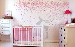 Wall Decal Nursery, Removable Kids Stickers, Home Decor, Cherry Tree Branch With Deer, Pink Floral, Butterfly, Moose-Dk303 - thumbnail 1