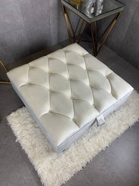 Handmade Creamy White Chesterfield Ottoman - Square Velvet Storage Coffee Table - image 1