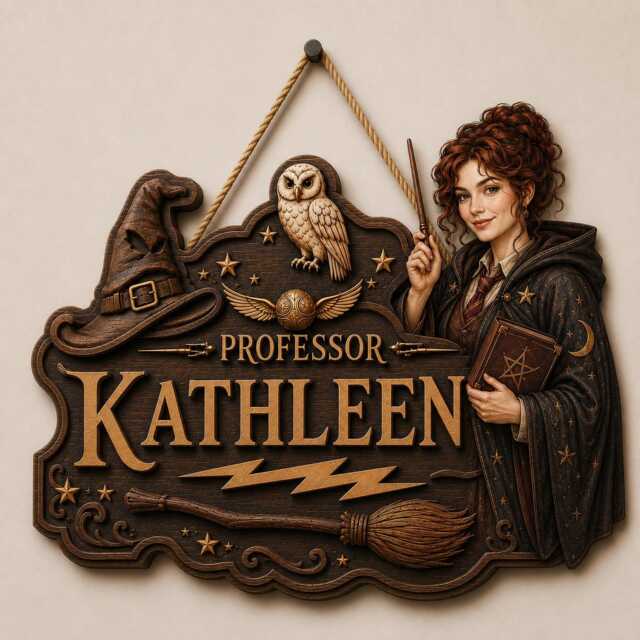 Personalized Wizard Teacher Wooden Sign, Custom Face Professor Door Hanger, Magic School Wood Wall Decor, Gift - image 1