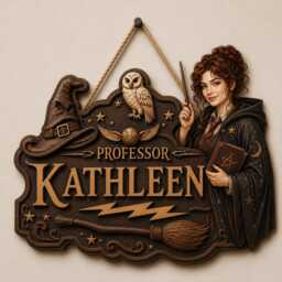 Personalized Wizard Teacher Wooden Sign, Custom Face Professor Door Hanger, Magic School Wood Wall Decor, Gift - thumbnail 1