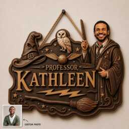 Personalized Wizard Teacher Wooden Sign, Custom Face Professor Door Hanger, Magic School Wood Wall Decor, Gift - thumbnail 2
