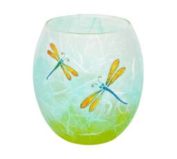 Dragonfly Candle Holder - Strawsilk Glass Hand Decorated With Sparkly Dragonflies On Spring Colours